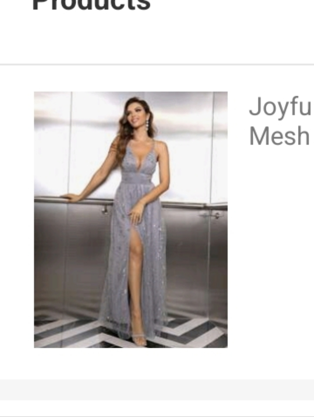 Silver Mesh Sequin V-Neck High-Slit Evening Gown